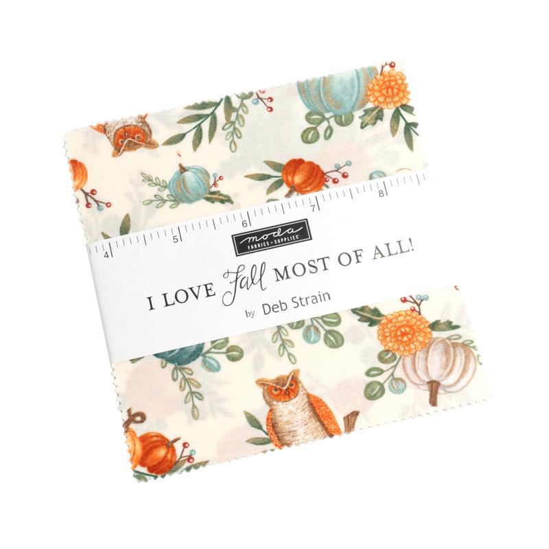 I Love Fall Most of All 5" Charm Pack, Moda 56140PP, 5" Precut Blue Orange Autumn Fall Pumpkins Charm Pack Fabric Squares, Deb Strain
