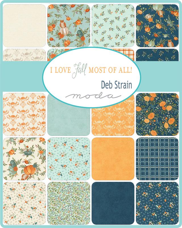 I Love Fall Most of All 5" Charm Pack, Moda 56140PP, 5" Precut Blue Orange Autumn Fall Pumpkins Charm Pack Fabric Squares, Deb Strain