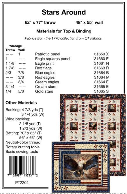 Stars Around 1776 Panel Frame Quilt Pattern, Pine Tree Country Quilts PT2204, Fabric Panel Friendly Stars Stripes Panel Frame Quilt Pattern