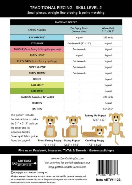 Tail Wags A Puppy Quilt Pattern, Art East Quilting Co AETW1123, Dogs Puppies Lap Throw Sampler Quilt Pattern, Dog Lover Quilt Pattern