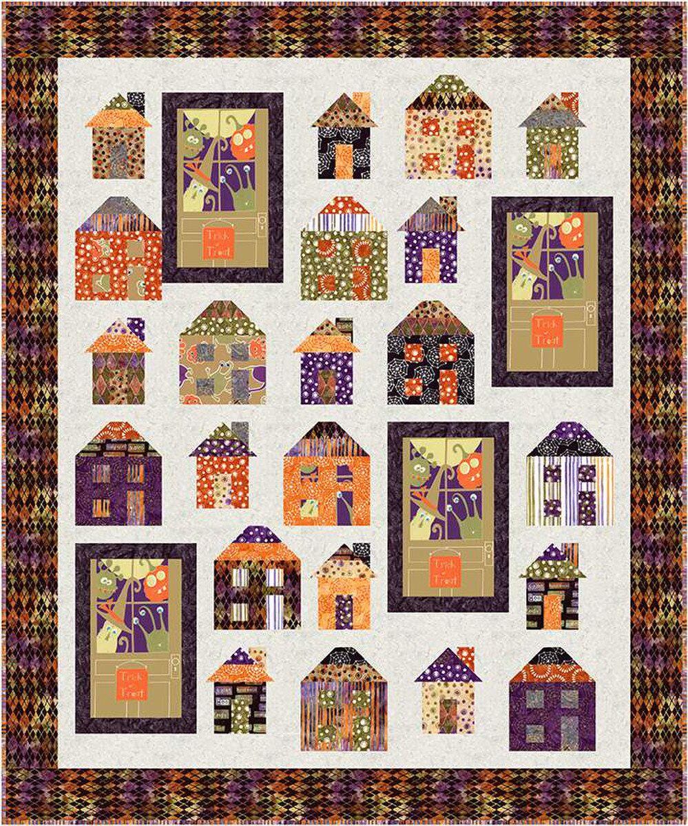 Monster House Quilt Pattern, 4th and Main P213-MONSTERHOUSE, 2.5" Precut Strips Panel Friendly Halloween Houses Throw Quilt Pattern