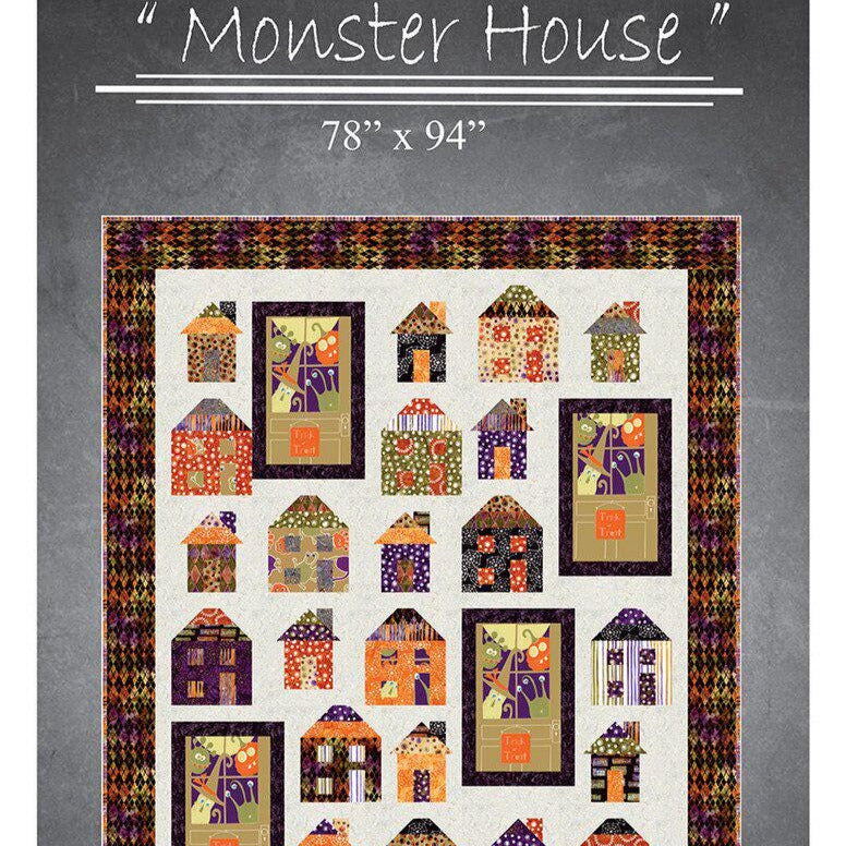 Monster House Quilt Pattern, 4th and Main P213-MONSTERHOUSE, 2.5" Precut Strips Panel Friendly Halloween Houses Throw Quilt Pattern