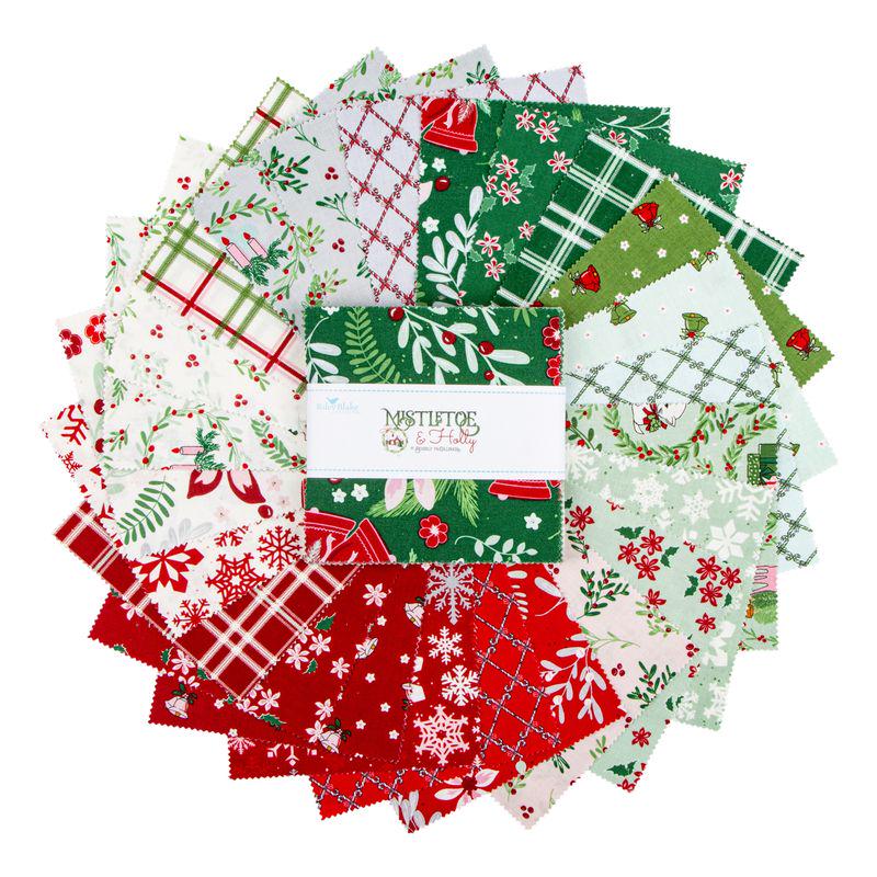 Mistletoe and Holly 5" Stacker, Riley Blake 5-16400-42, 5" Precut Christmas Xmas Floral Fabric Squares, Beverly McCullough