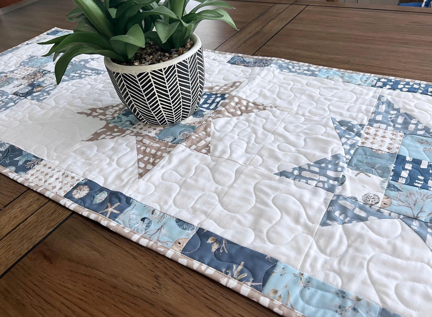 Coastal Stars Quilted Table Runner, 18.5" x 48", Riley Blake Blue Escape Coastal Table Topper Quilt