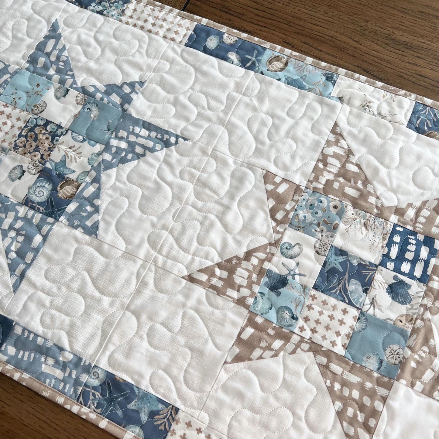 Coastal Stars Quilted Table Runner, 18.5" x 48", Riley Blake Blue Escape Coastal Table Topper Quilt