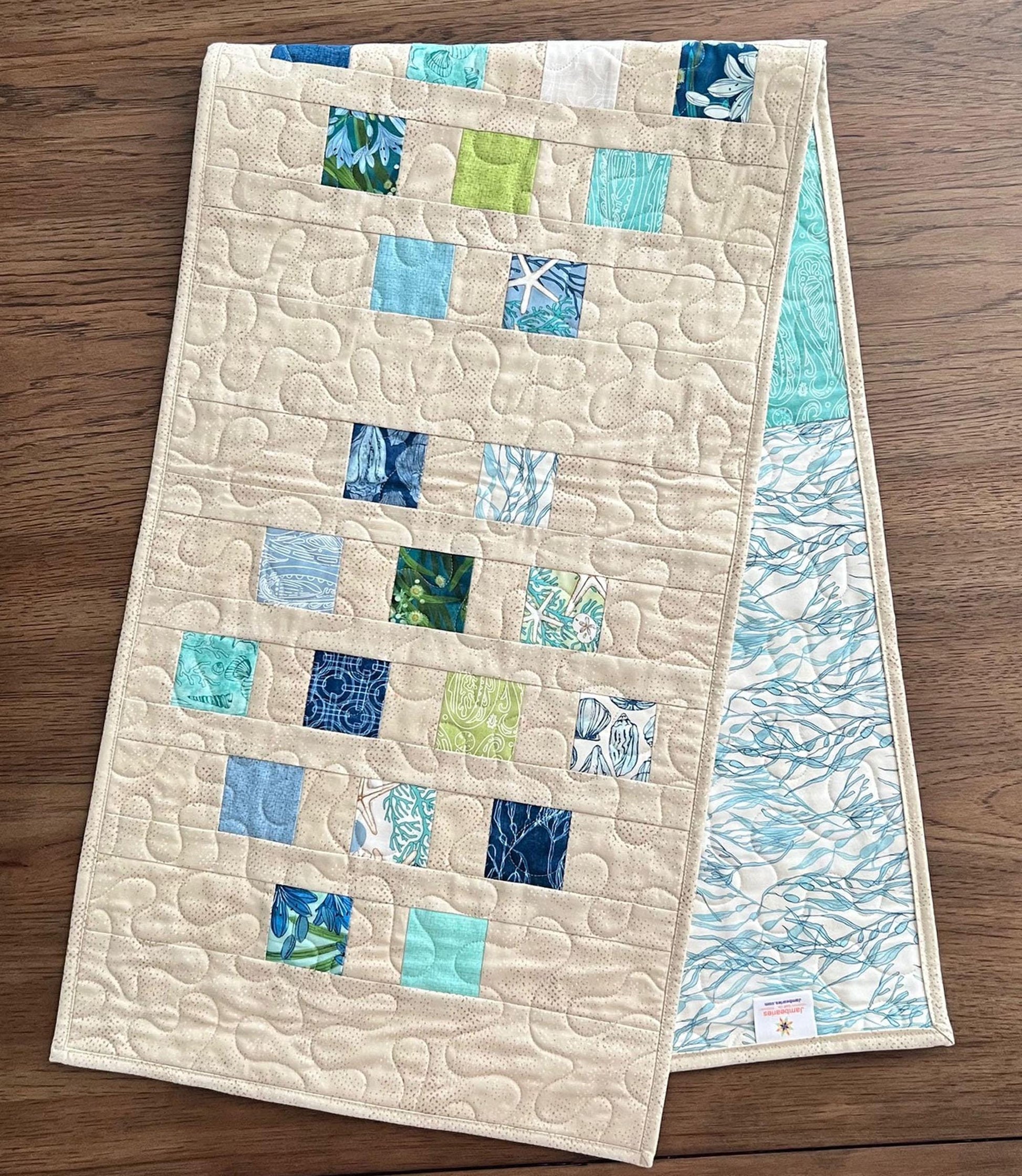 Blue Green Tan Coastal Quilted Table Runner, 15.5" x 54", Moda Serena Shores Table Topper Quilt
