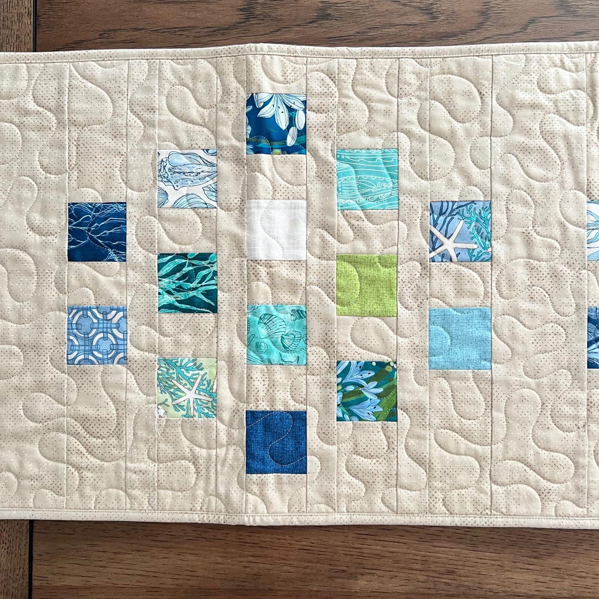 Blue Green Tan Coastal Quilted Table Runner, 15.5" x 54", Moda Serena Shores Table Topper Quilt