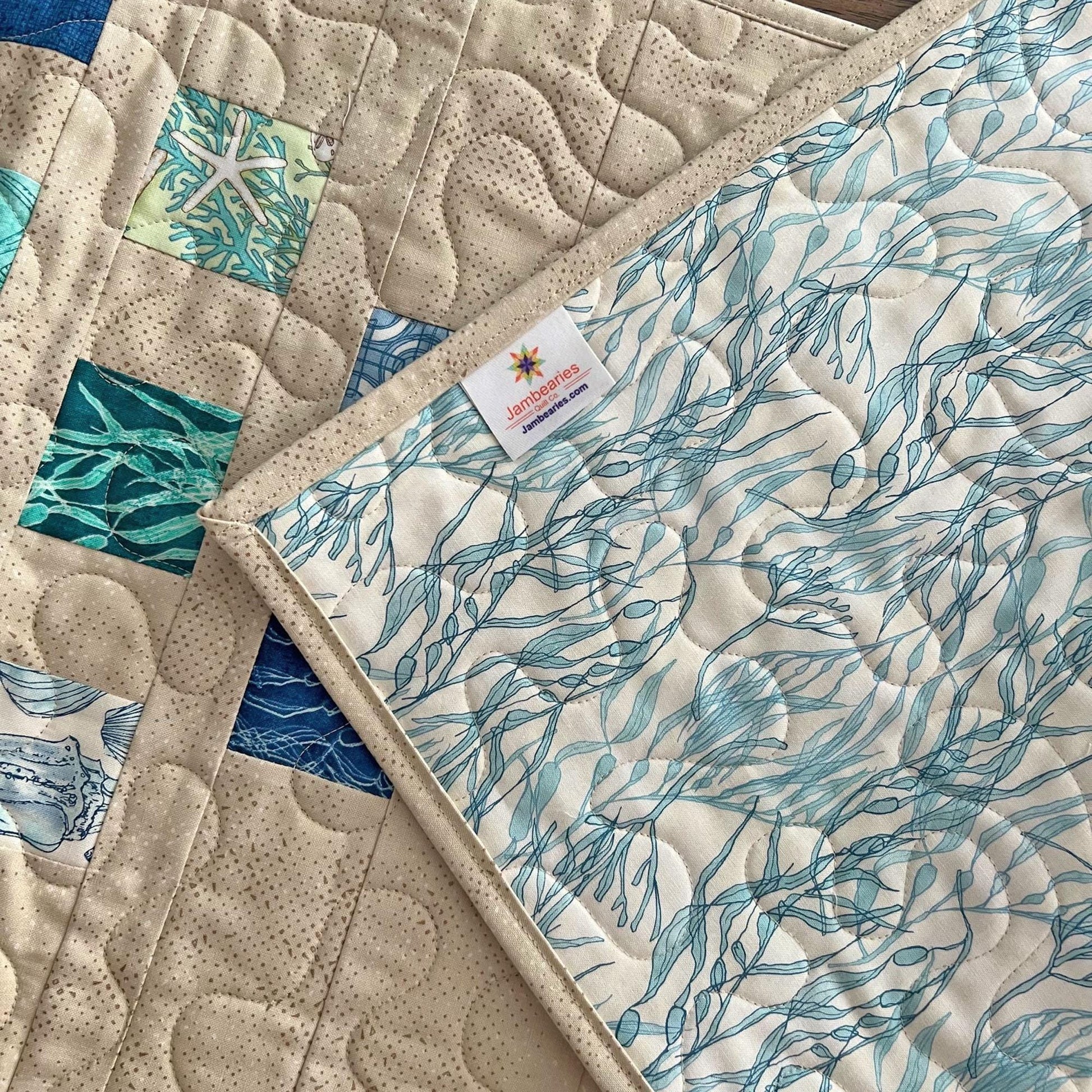 Blue Green Tan Coastal Quilted Table Runner, 15.5" x 54", Moda Serena Shores Table Topper Quilt