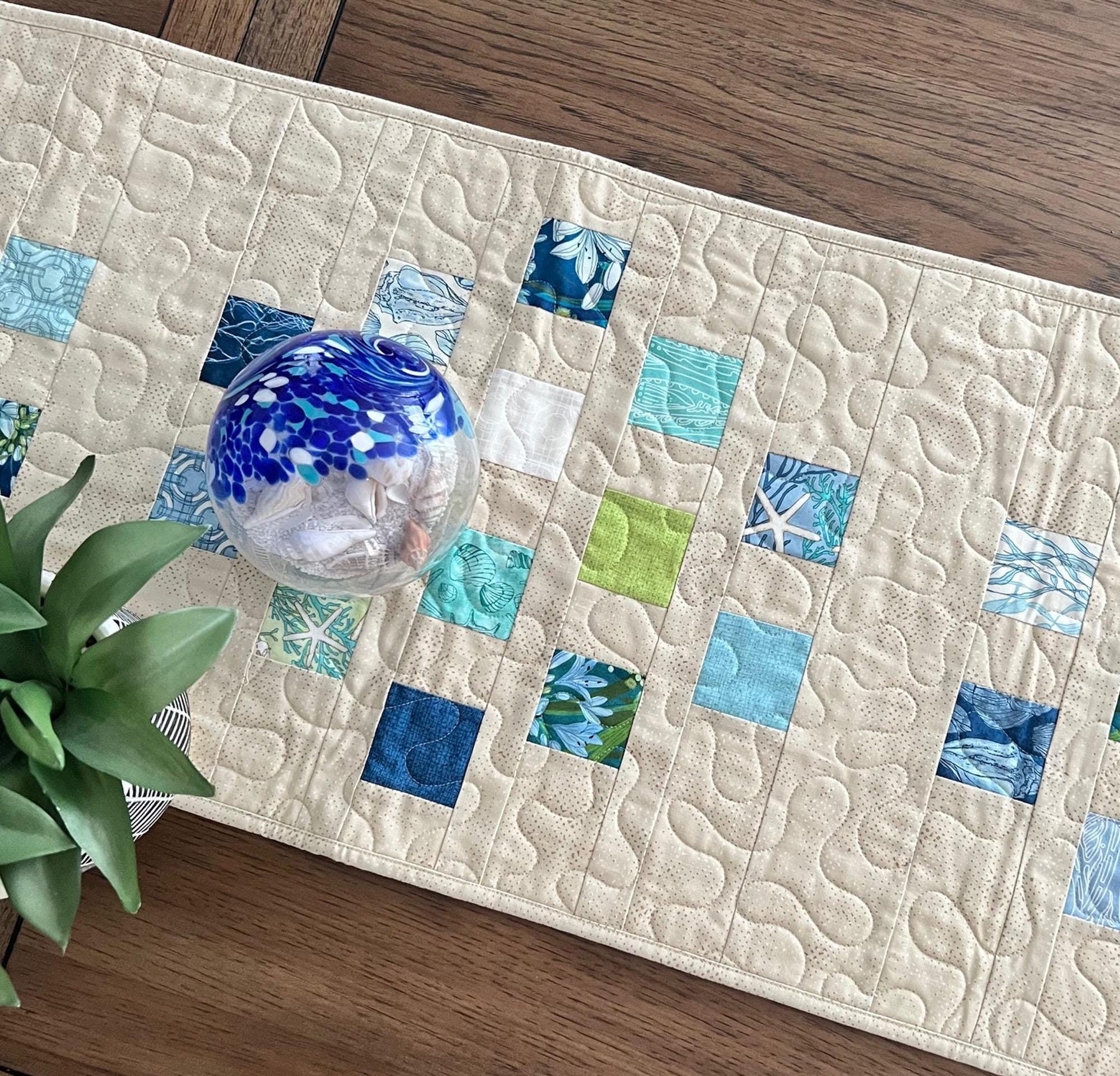 Blue Green Tan Coastal Quilted Table Runner, 15.5" x 54", Moda Serena Shores Table Topper Quilt