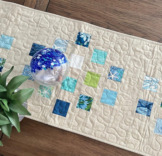 Blue Green Tan Coastal Quilted Table Runner, 15.5" x 54", Moda Serena Shores Table Topper Quilt