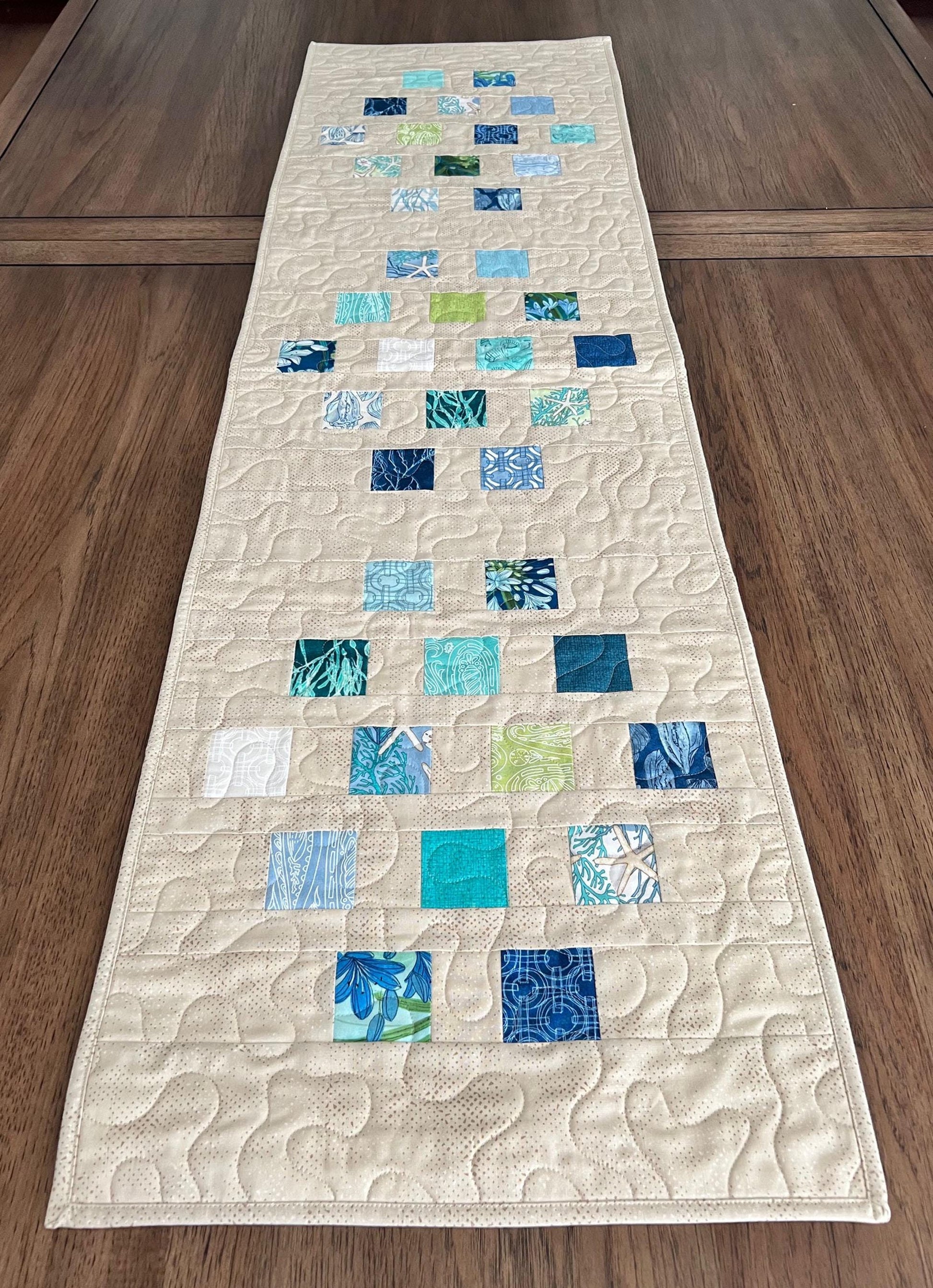 Blue Green Tan Coastal Quilted Table Runner, 15.5" x 54", Moda Serena Shores Table Topper Quilt