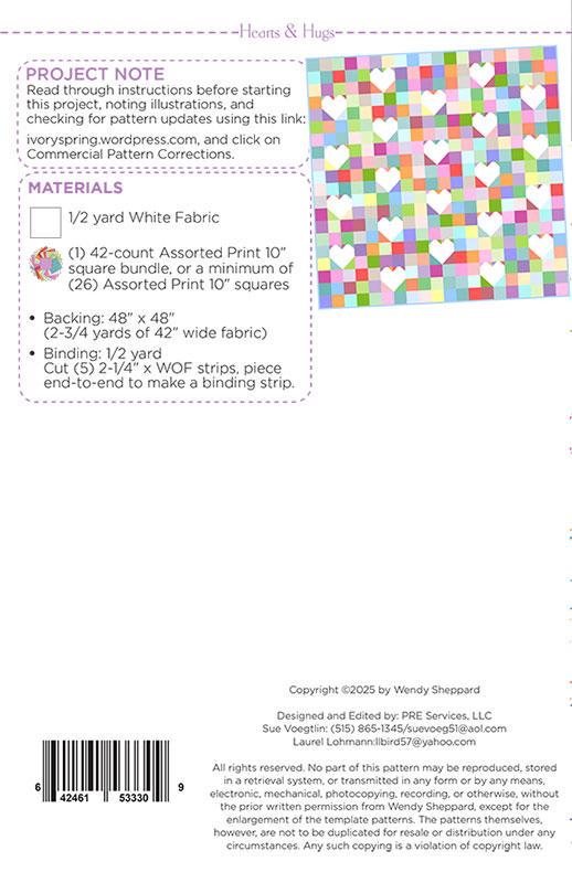 Hearts and Hugs Quilt Pattern, Wendy Sheppard WS100, 10" Precut Layer Cake Squares Friendly Heart Lap Baby Quilt Pattern