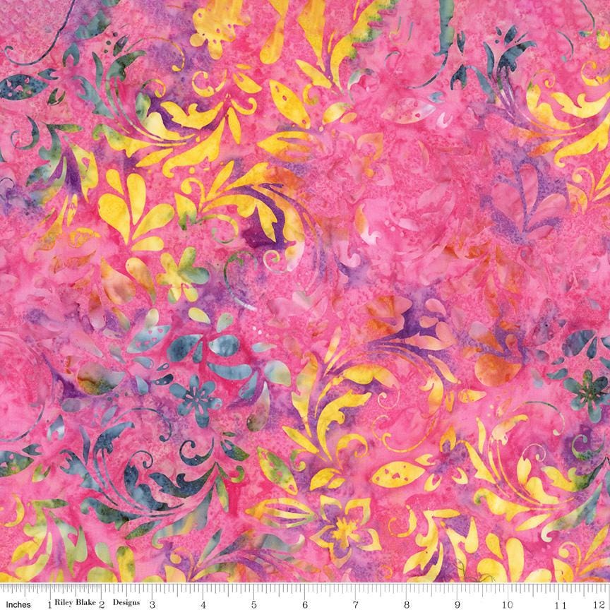 Expressions Batiks - A New Day 5" Stacker, Riley Blake 5-23294-42, 5" Precut Pink Blue Green Yellow Floral Batik Fabric Squares
