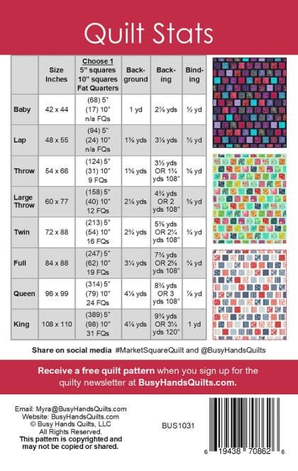Market Square Quilt Pattern, Busy Hands Quilts BUS1031, Layer Cake Charm Pack Fat Quarter Scrap Friendly Baby to King Bed Quilt Pattern