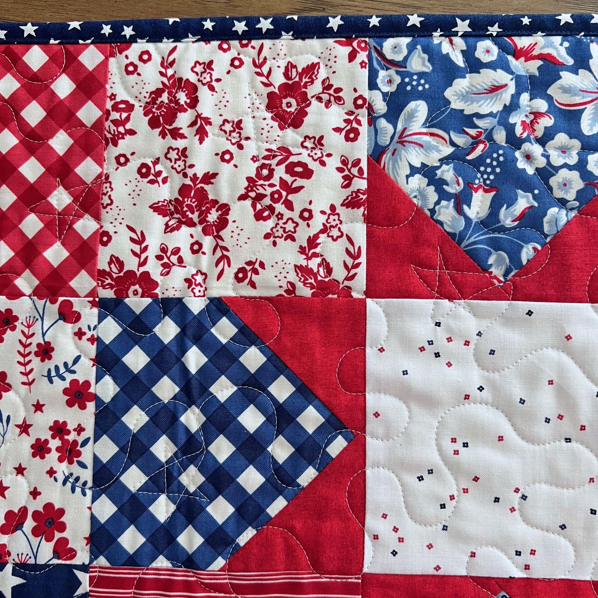 Patriotic Floral Quilted Table Runner, 14" x 53.5", Freedom Garden Red White Blue Patriotic Table Topper Quilt
