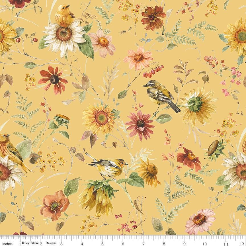 108" Sunflower Whispers - Botanical Floral Birds on Yellow Wide Quilt Back Fabric, Riley Blake WB16676-YELLOW, Yellow Wide Back, By the Yard