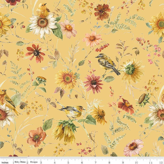 108" Sunflower Whispers - Botanical Floral Birds on Yellow Wide Quilt Back Fabric, Riley Blake WB16676-YELLOW, Yellow Wide Back, By the Yard