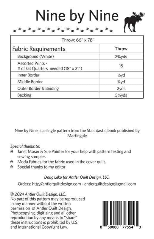 Nine by Nine Quilt Pattern, Antler Quilt Design AQD0310, Fat Quarter FQ Friendly Nine Patch Irish Chain Throw Quilt Pattern