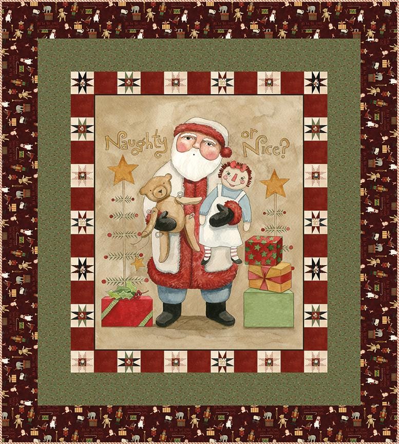 Naughty or Nice Quilt KIT, Riley Blake KT-16260, Christmas Xmas Old World Santa Lap Throw Quilt Kit, Teresa Kogut