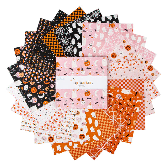 Hey Pumpkin Halloween 10" Stacker, Riley Blake 10-16030-42, 10" Precut Pink Orange Black Halloween Quilt Fabric Squares, My Mind's Eye