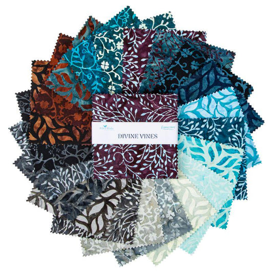 Expressions Batiks - Divine Vines 5" Stacker, Riley Blake 5-23304-42, 5" Precut Teal Black Brown Gray Batik Fabric Squares