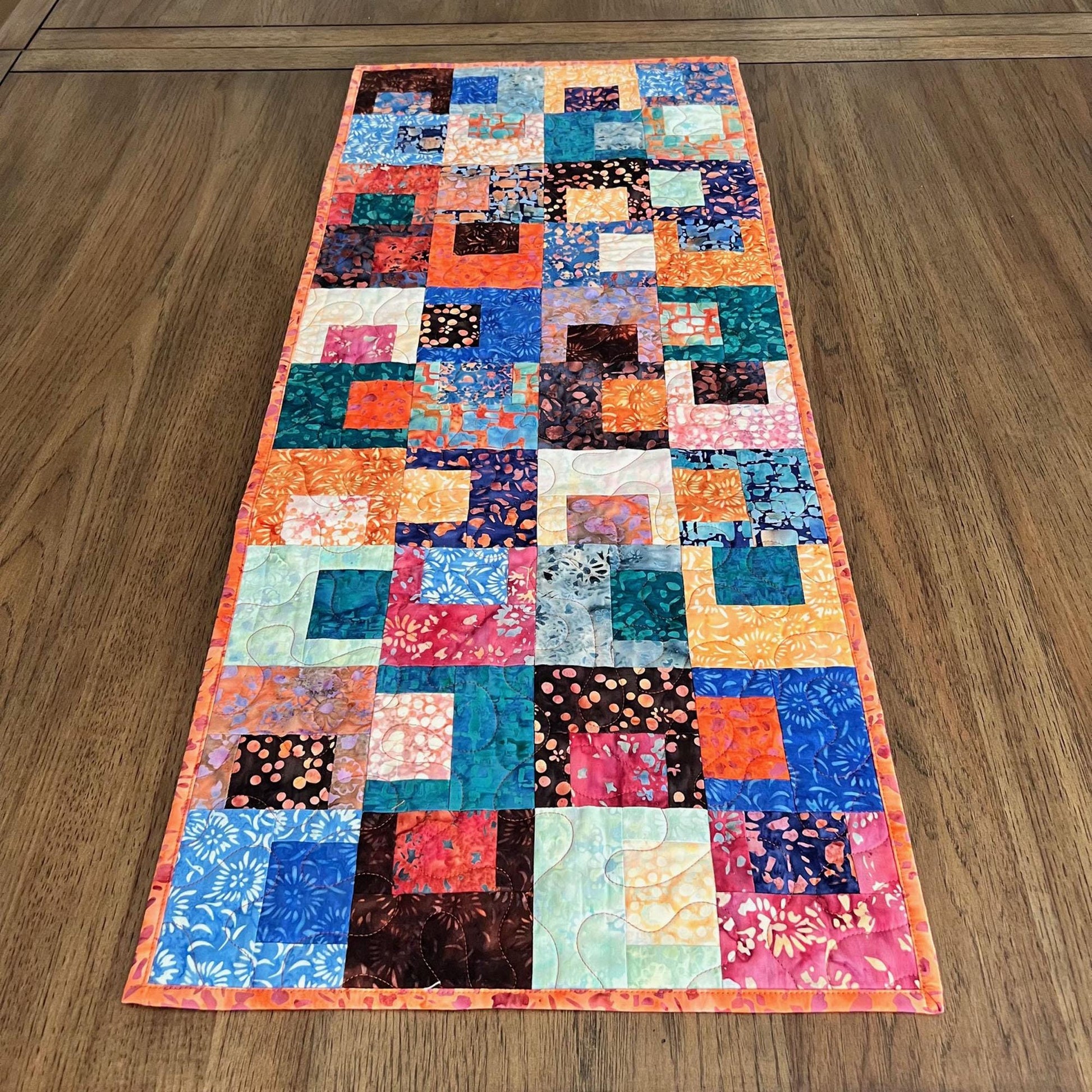 Multicolored Batik Quilted Table Runner, Orange Blue Teal Brown Batik Table Runner, Banyan Batiks Pebbles and Daisies