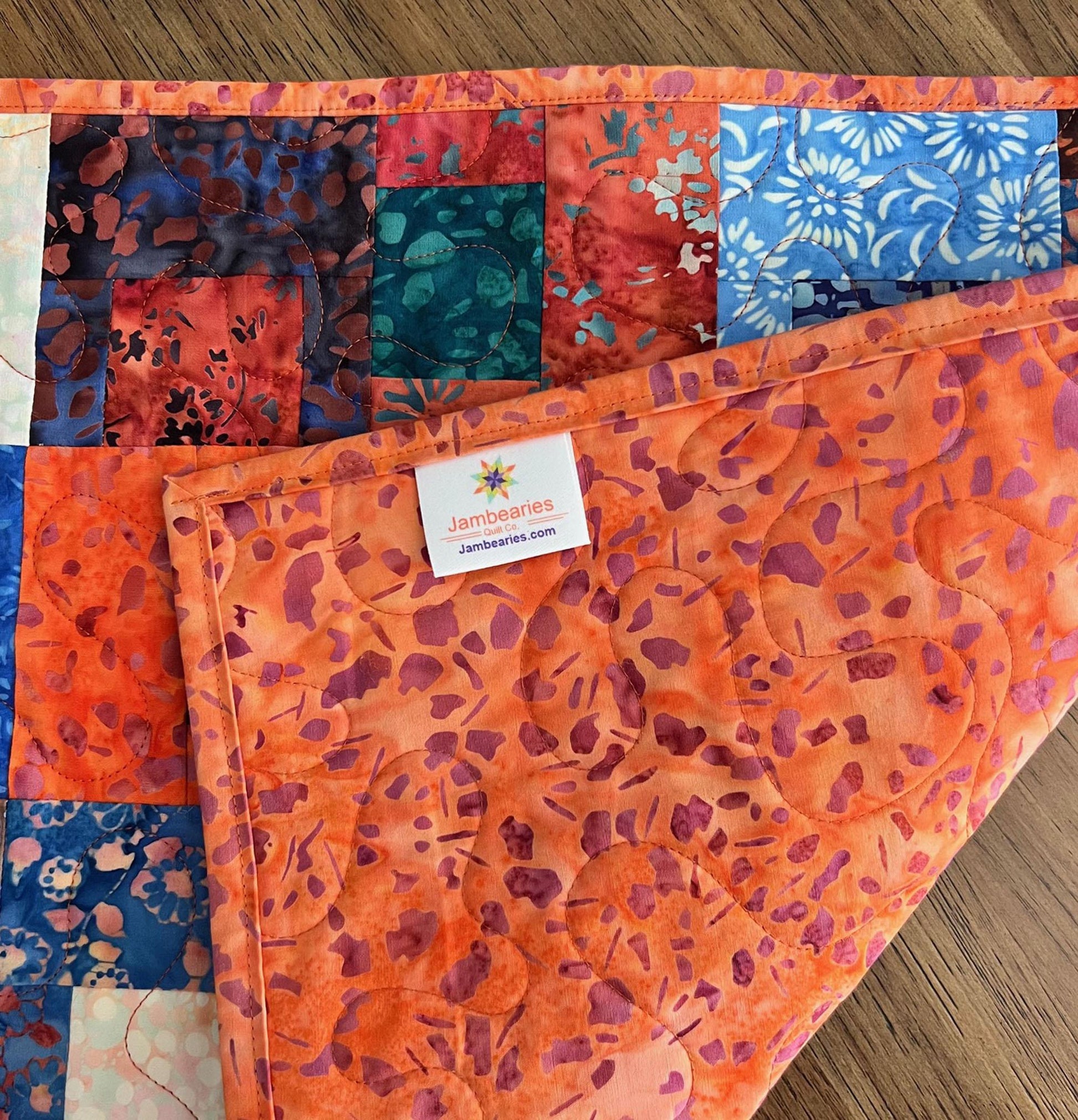 Multicolored Batik Quilted Table Runner, Orange Blue Teal Brown Batik Table Runner, Banyan Batiks Pebbles and Daisies