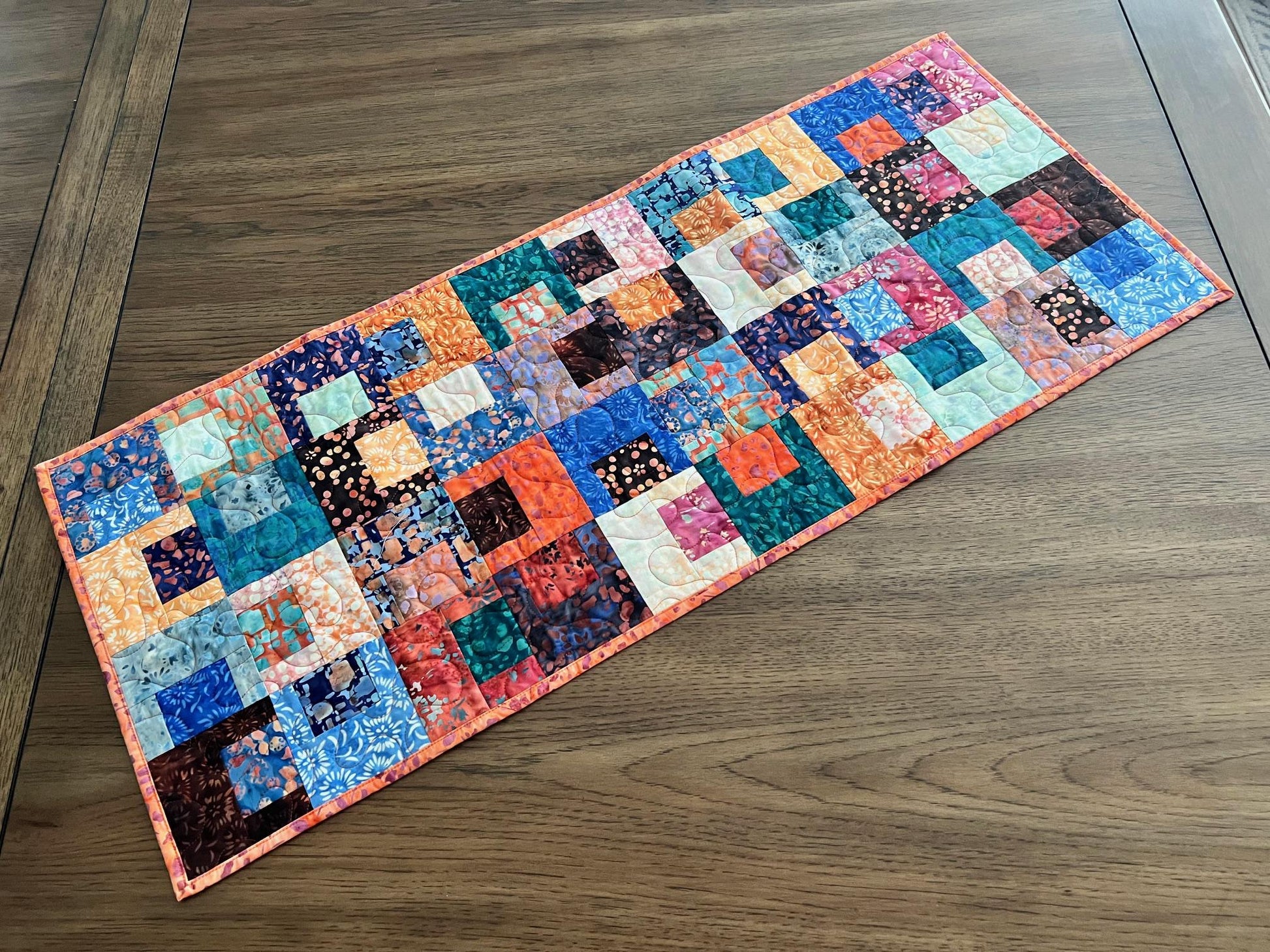 Multicolored Batik Quilted Table Runner, Orange Blue Teal Brown Batik Table Runner, Banyan Batiks Pebbles and Daisies