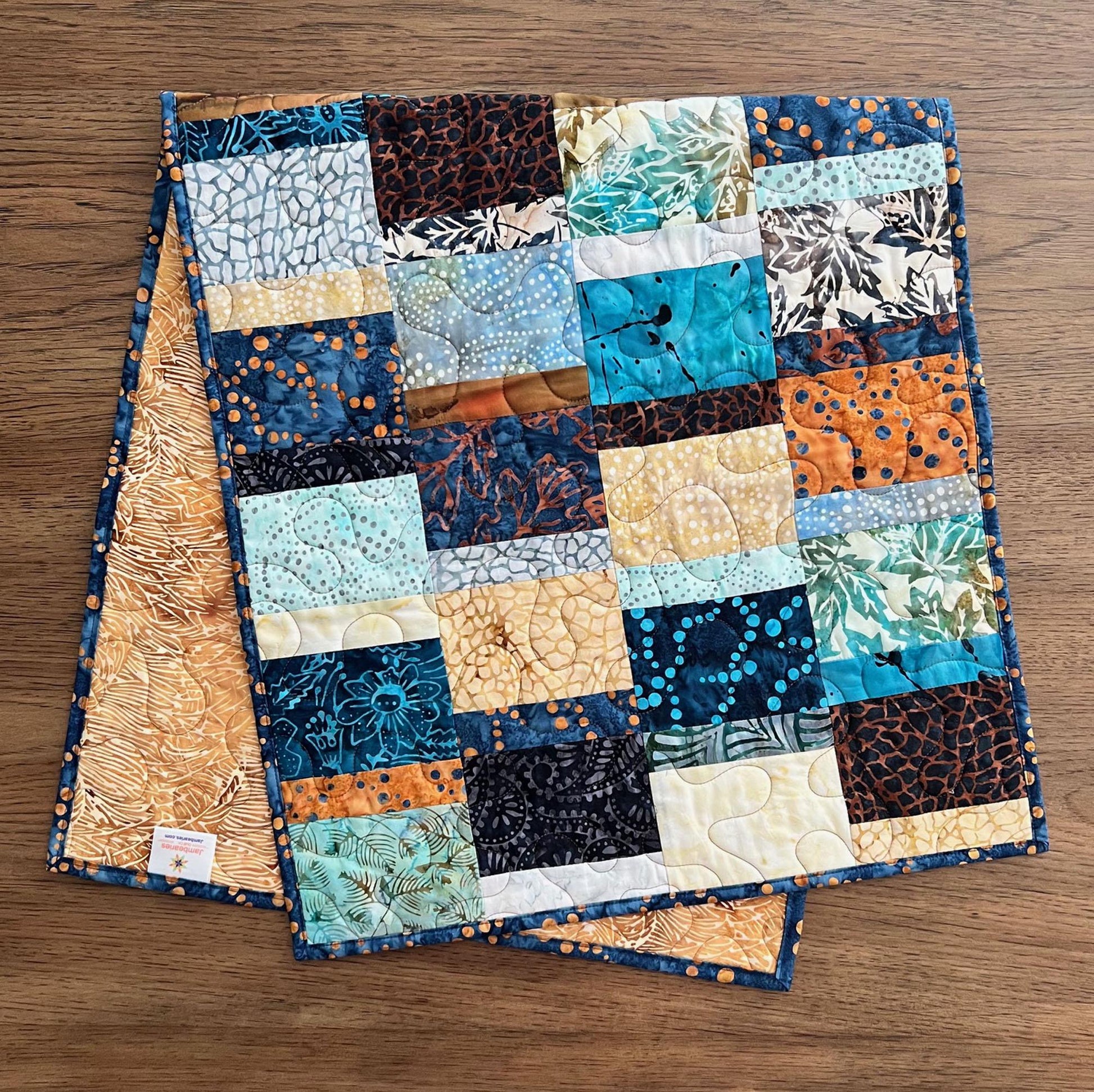 Blue Brown Batik Quilted Table Runner, Moda Blue Ridge Batiks Table Quilt