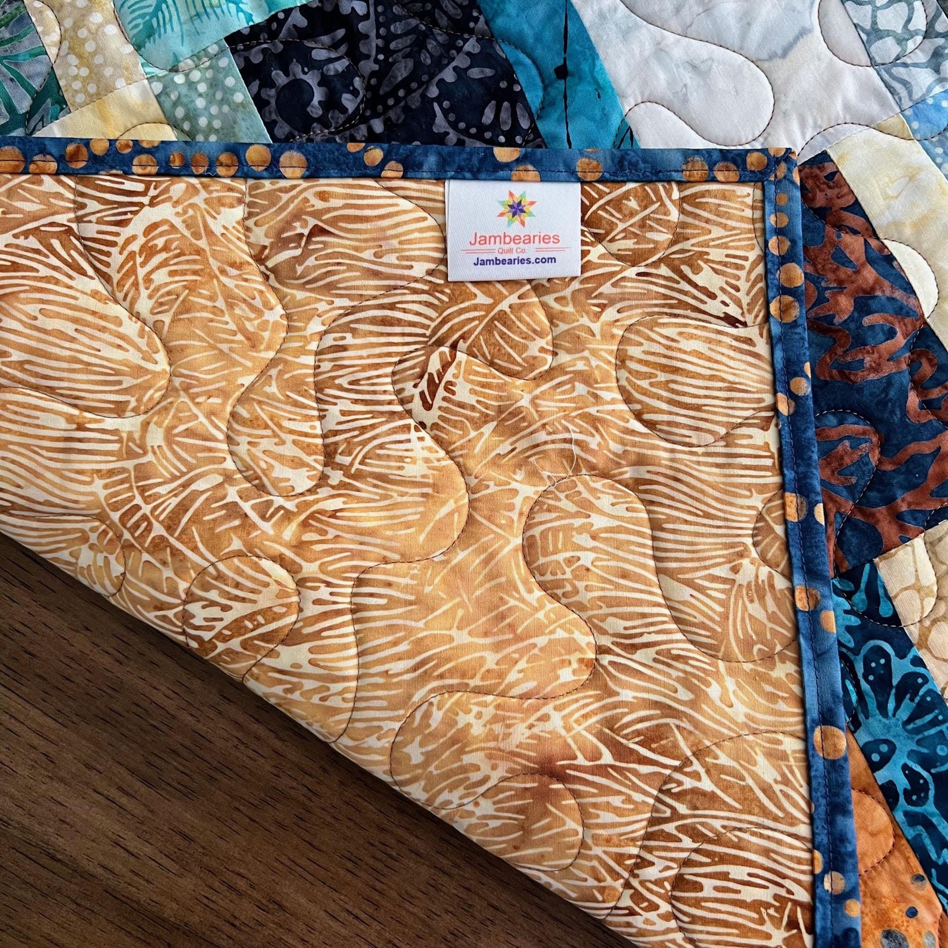 Blue Brown Batik Quilted Table Runner, Moda Blue Ridge Batiks Table Quilt