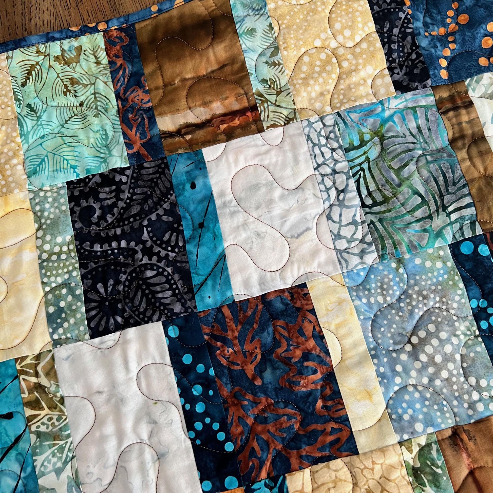 Blue Brown Batik Quilted Table Runner, Moda Blue Ridge Batiks Table Quilt