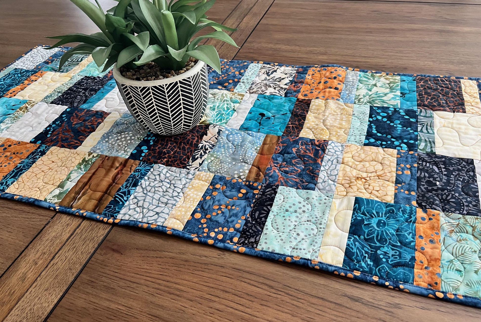 Blue Brown Batik Quilted Table Runner, Moda Blue Ridge Batiks Table Quilt