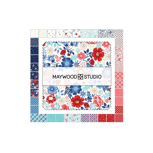 Star Spangled Beauty 5" Charm Squares, Maywood Studio CP-MASSTAR, 5" Precut Patriotic Floral Fabric, Red White Blue Fabric Squares