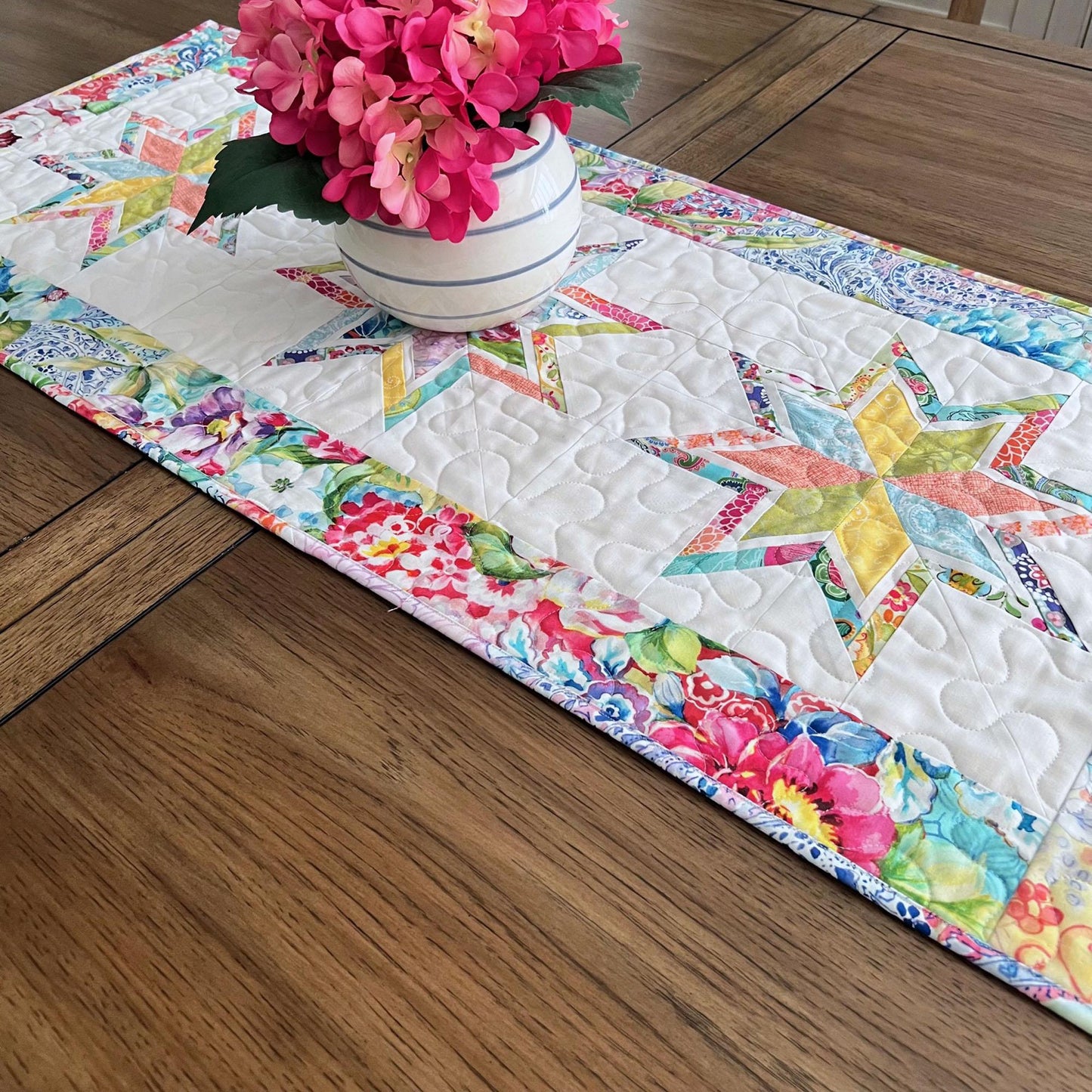 Multicolored Floral Stars Quilted Table Runner, 17" x 40", Moda Gradients Rainbow Colors Floral Table Topper Quilt