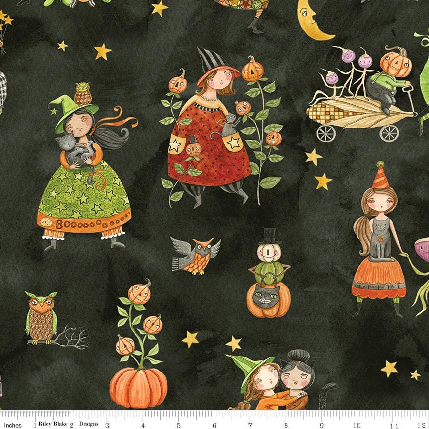 Ghoul Friends 24 Fat Quarter Bundle, Riley Blake FQ-16050-24, 18 x 22 Fabric Cut, Whimsical Witches Halloween Fabric, Teresa Kogut