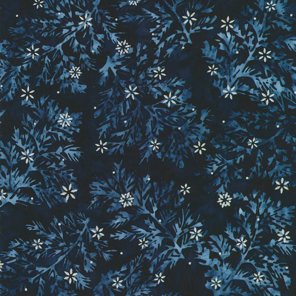 Winter Pines - Branches Snowflakes Navy Batik Fabric, Robert Kaufman AMDM-23143-69 Midnight, Silver Navy Blue Batik Fabric, By the Yard