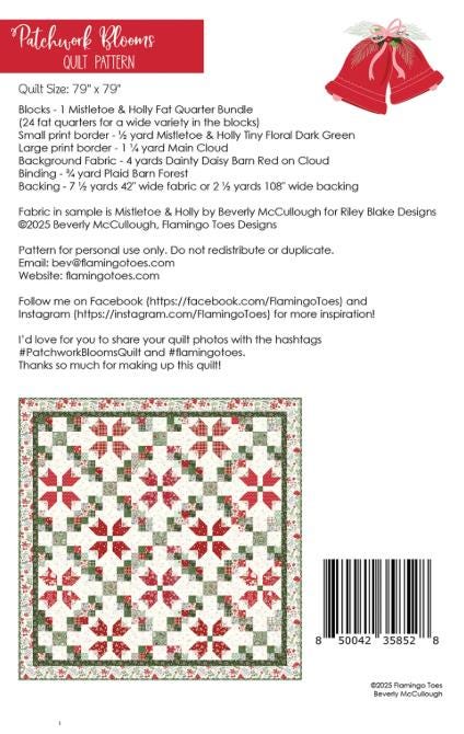 Patchwork Blooms Quilt Pattern, Flamingo Toes FT8528, 24 Fat Quarter FQ Friendly Flowers Square Throw Bed Quilt Pattern, Beverly McCullough