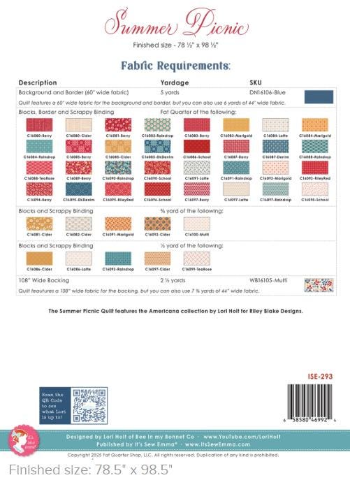 Summer Picnic Quilt Pattern, It's Sew Emma ISE293, Yardage Friendly Throw Bed Quilt Pattern, Lori Holt Bee in My Bonnet Pattern