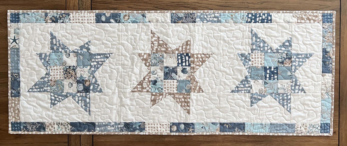 Coastal Stars Quilted Table Runner, 18.5" x 48", Riley Blake Blue Escape Coastal Table Topper Quilt