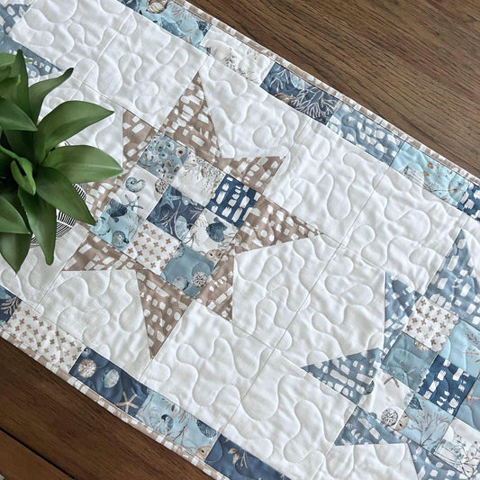 Coastal Stars Quilted Table Runner, 18.5" x 48", Riley Blake Blue Escape Coastal Table Topper Quilt