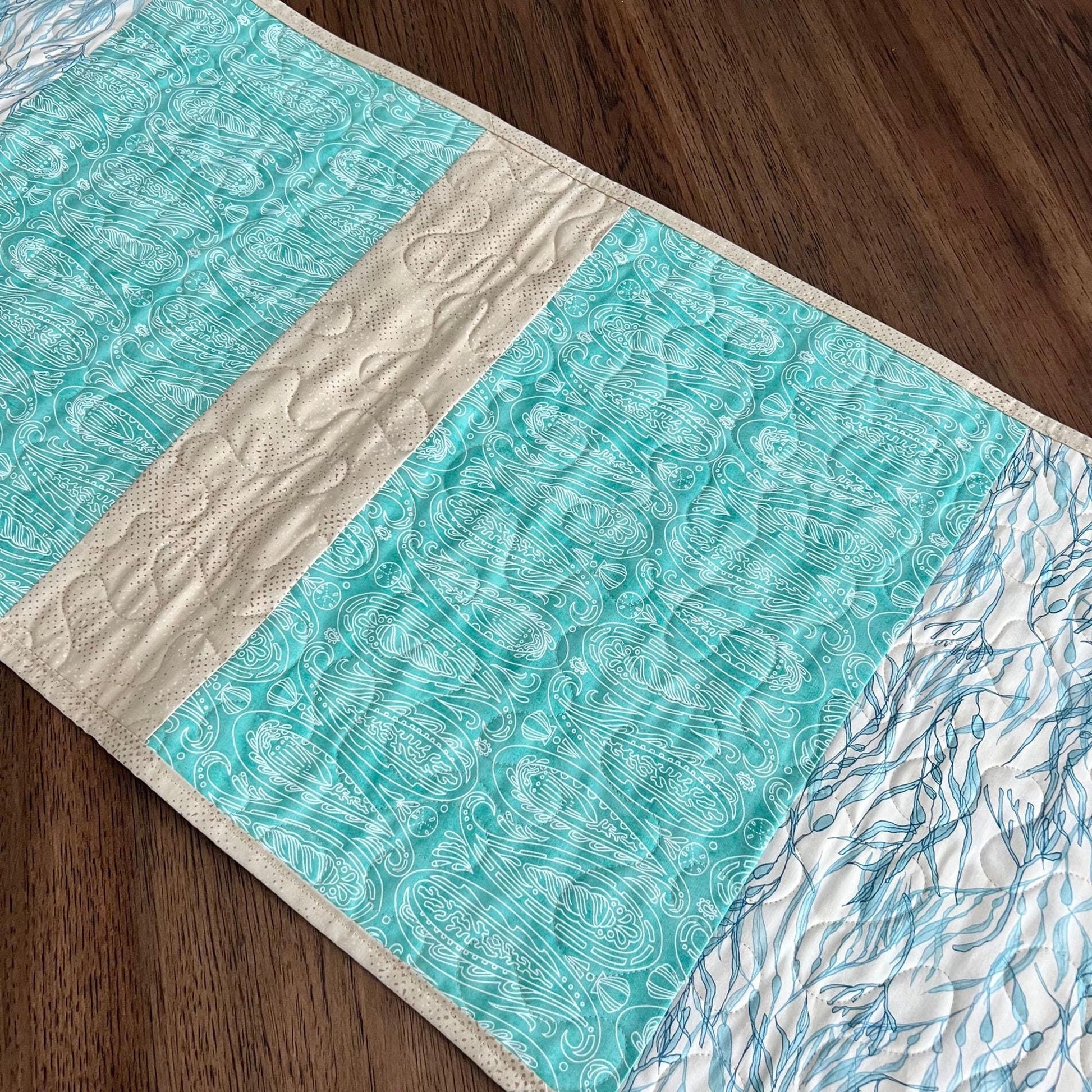 Blue Green Tan Coastal Quilted Table Runner, 15.5" x 54", Moda Serena Shores Table Topper Quilt