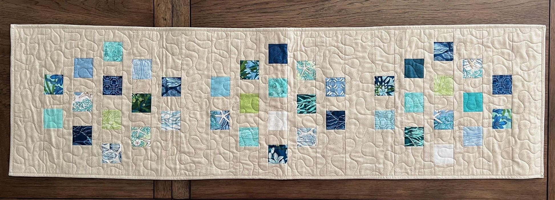 Blue Green Tan Coastal Quilted Table Runner, 15.5" x 54", Moda Serena Shores Table Topper Quilt