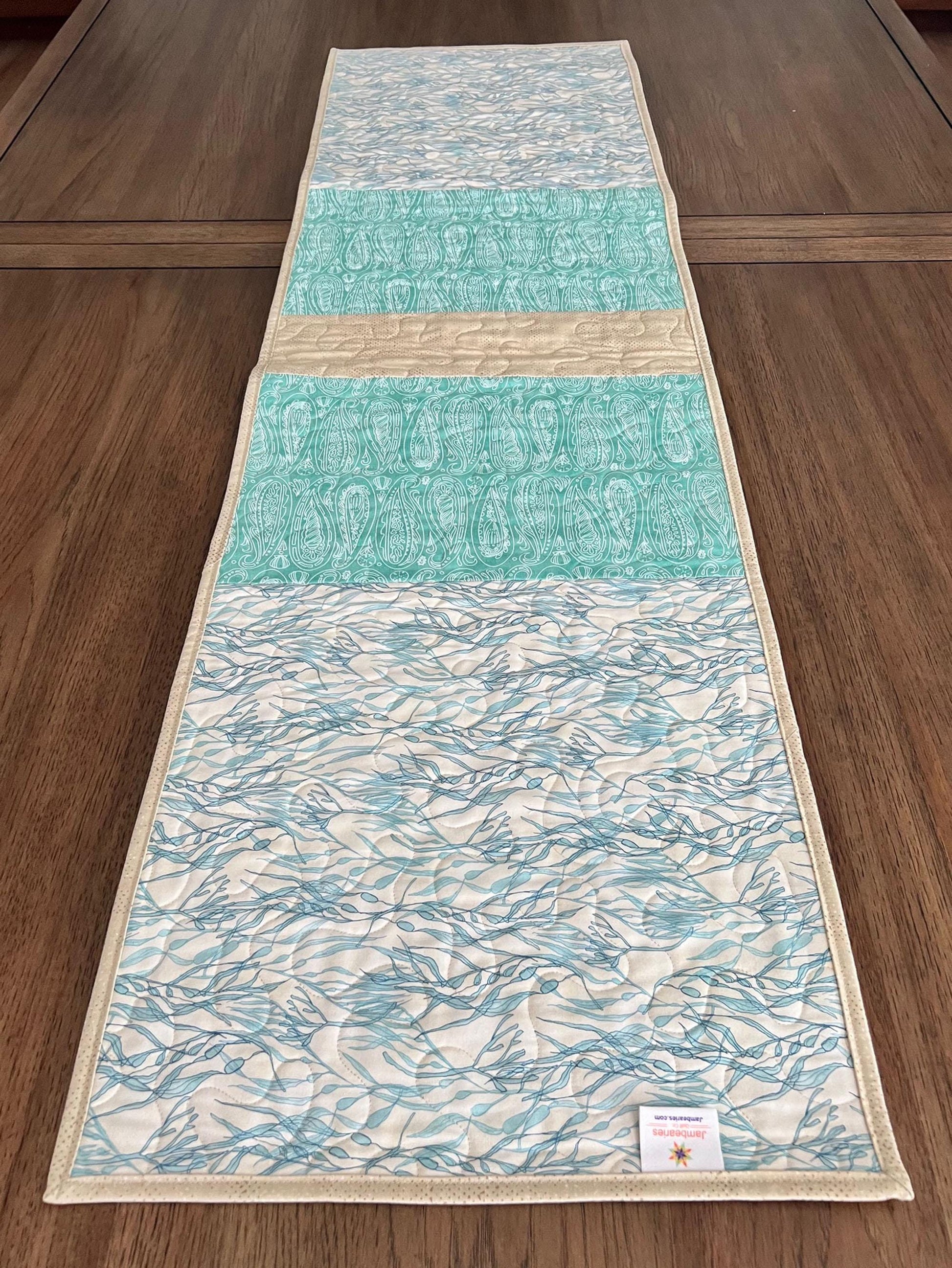 Blue Green Tan Coastal Quilted Table Runner, 15.5" x 54", Moda Serena Shores Table Topper Quilt