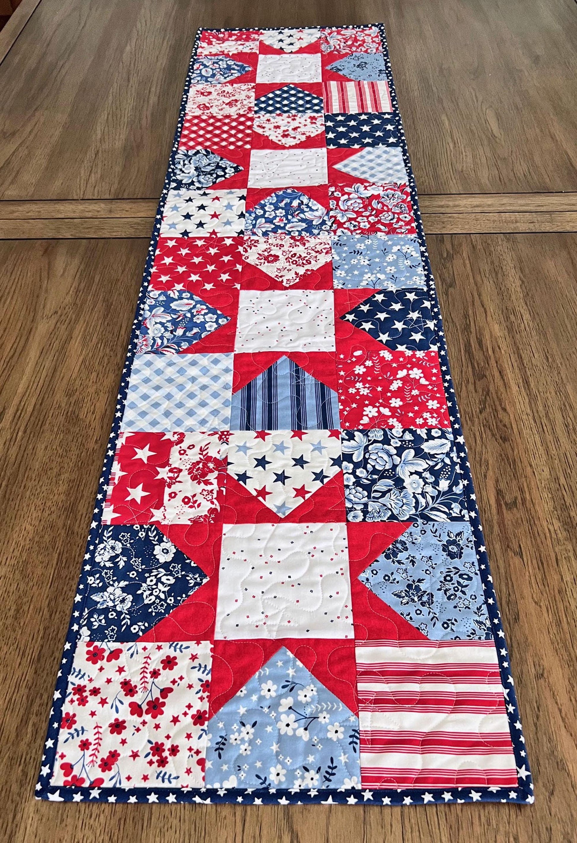 Patriotic Floral Quilted Table Runner, 14" x 53.5", Freedom Garden Red White Blue Patriotic Table Topper Quilt