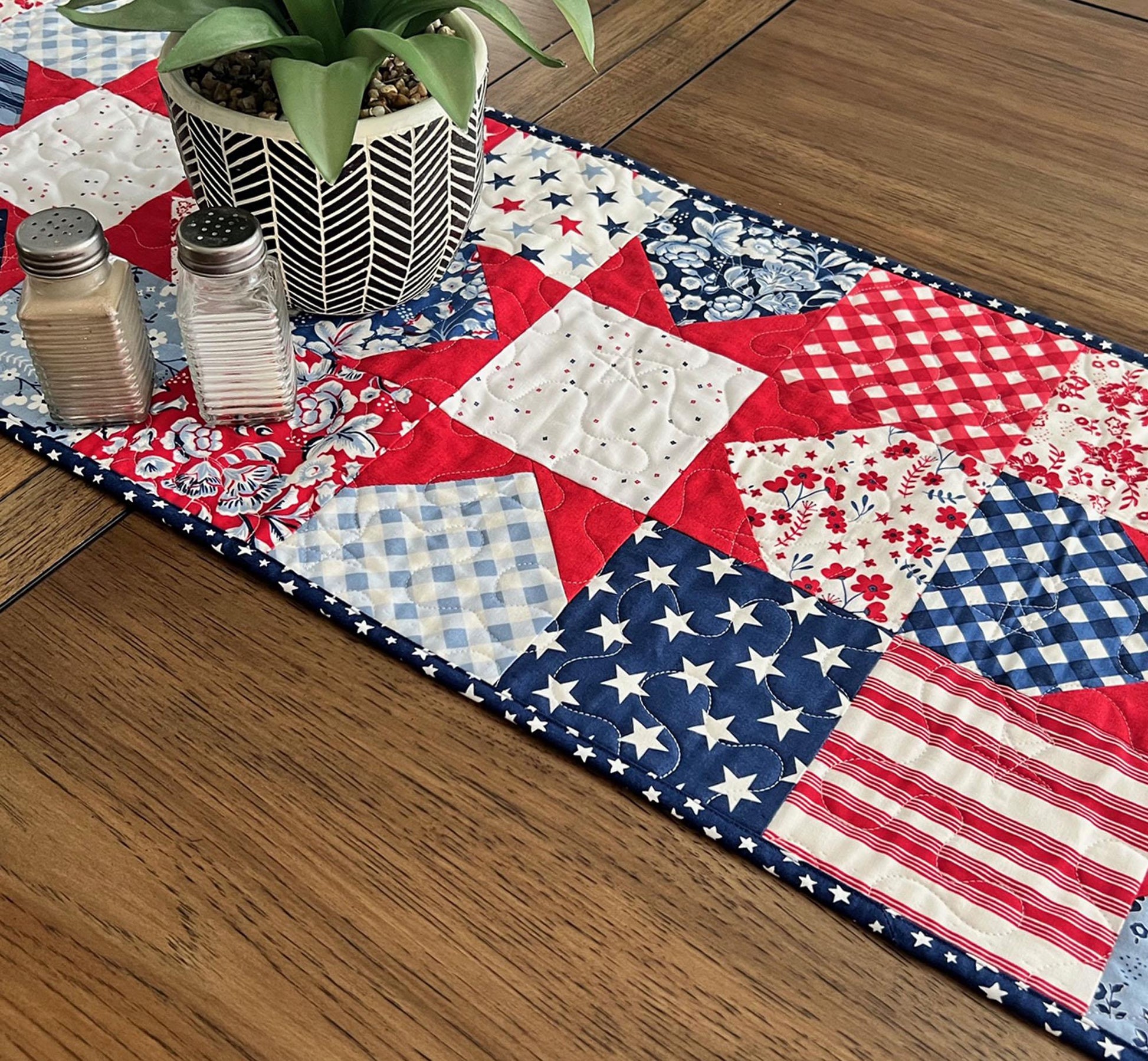 Patriotic Floral Quilted Table Runner, 14" x 53.5", Freedom Garden Red White Blue Patriotic Table Topper Quilt