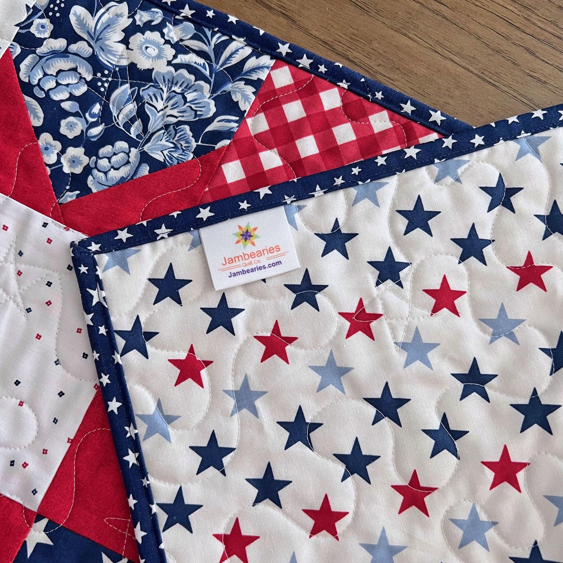 Patriotic Floral Quilted Table Runner, 14" x 53.5", Freedom Garden Red White Blue Patriotic Table Topper Quilt