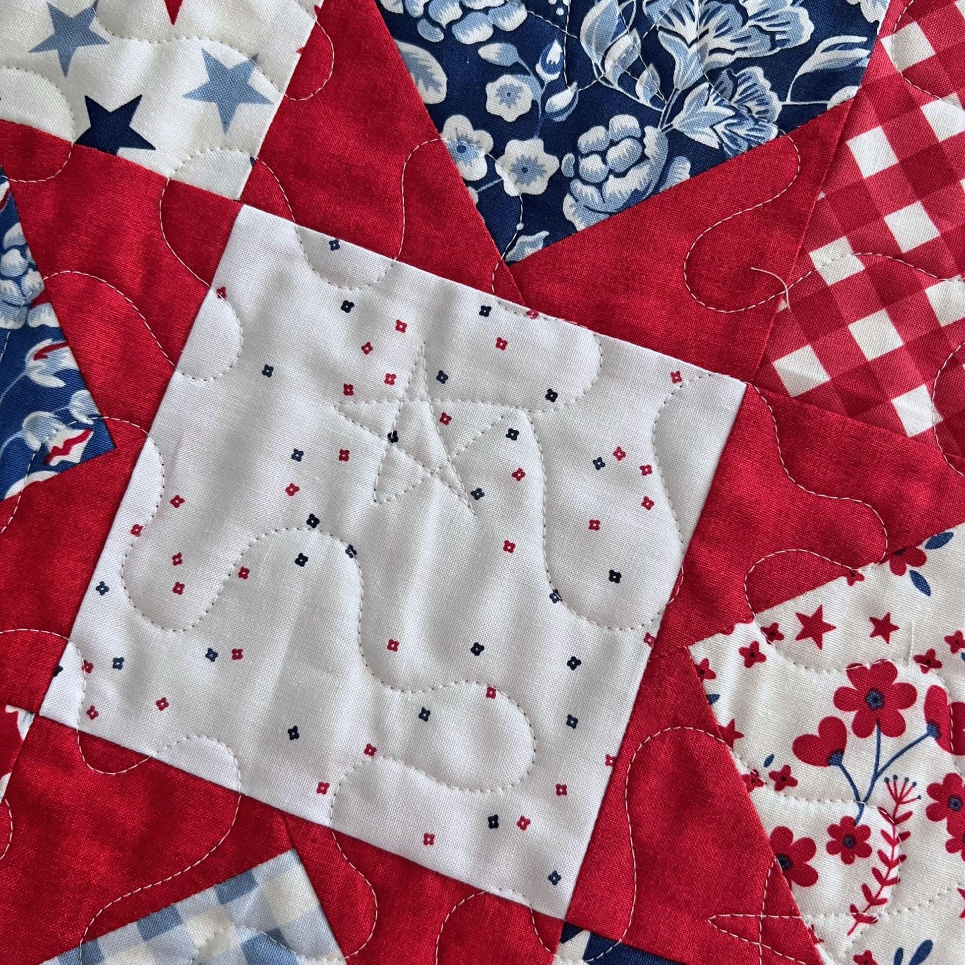 Patriotic Floral Quilted Table Runner, 14" x 53.5", Freedom Garden Red White Blue Patriotic Table Topper Quilt