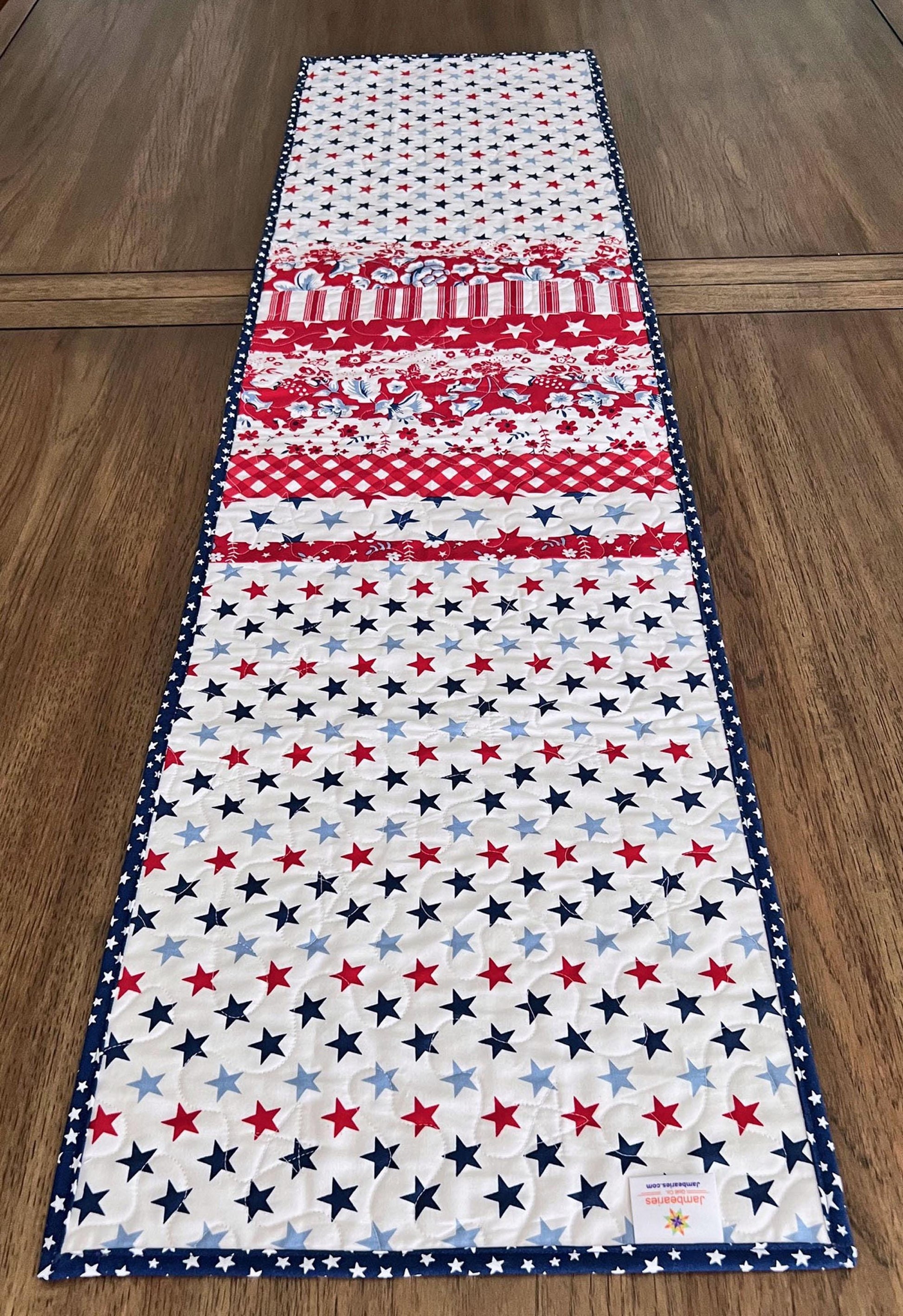 Patriotic Floral Quilted Table Runner, 14" x 53.5", Freedom Garden Red White Blue Patriotic Table Topper Quilt