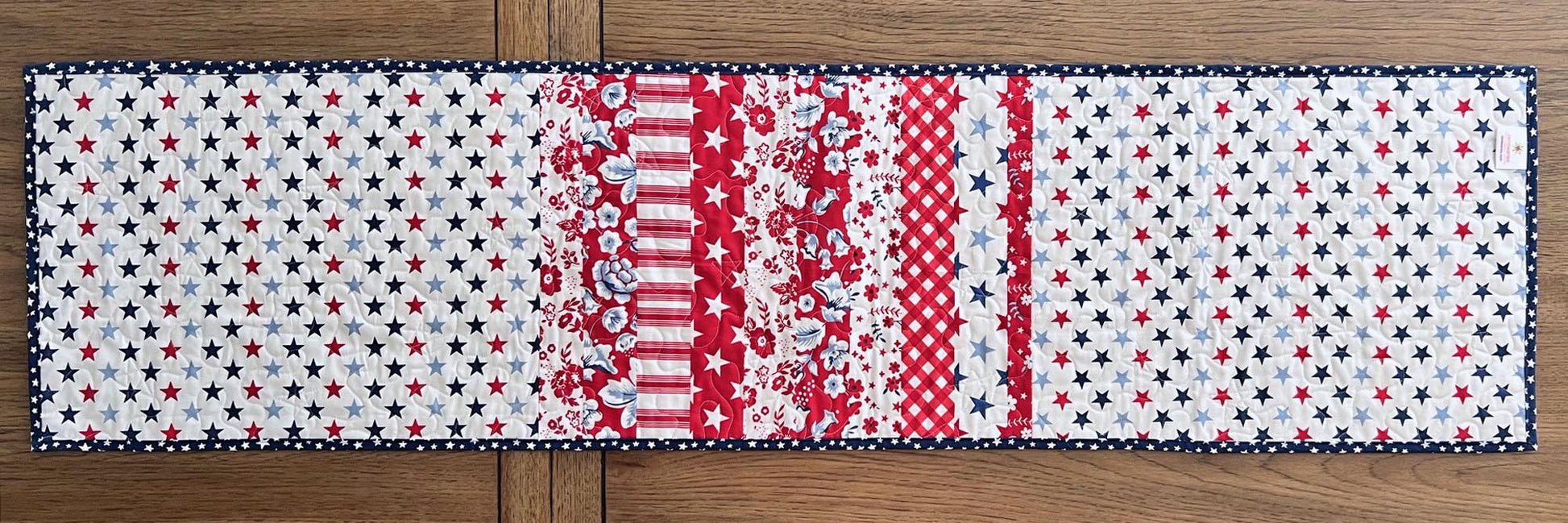 Patriotic Floral Quilted Table Runner, 14" x 53.5", Freedom Garden Red White Blue Patriotic Table Topper Quilt