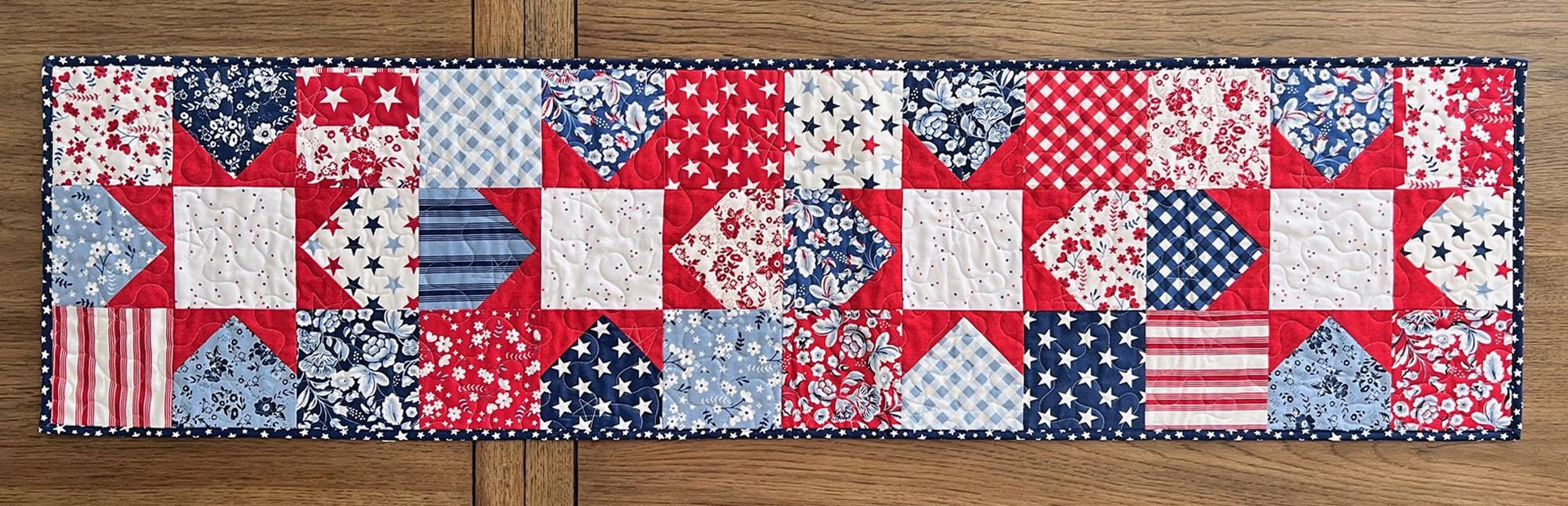 Patriotic Floral Quilted Table Runner, 14" x 53.5", Freedom Garden Red White Blue Patriotic Table Topper Quilt